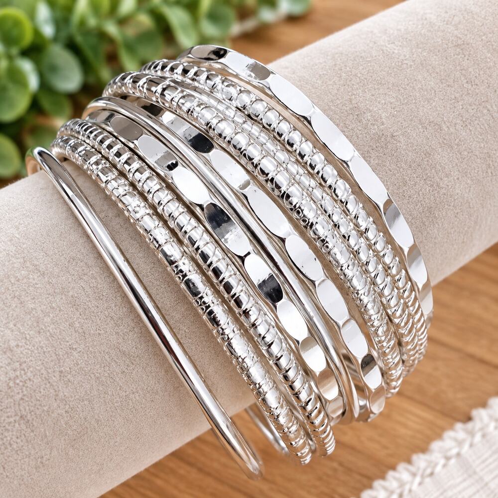 Silver Tone Bangle Bracelet Set – Mixed Textured Stackable Bangles Jewelry Lot